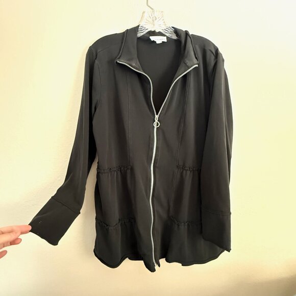 Neon Buddha Long Black Ruffle Jacket – Warm Knit, Zipper Front, Size XL - Picture 1 of 12